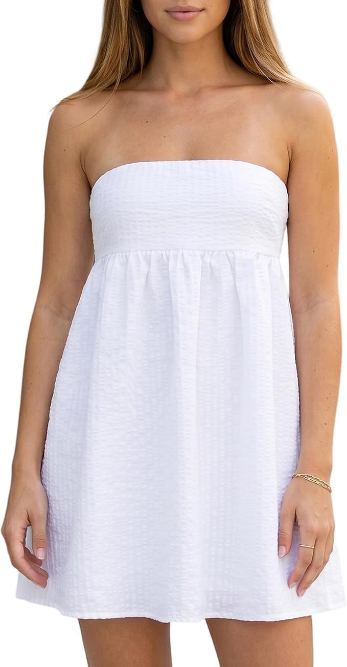 Women Strapless Gingham Tube Top Dress Summer Plaid Tie Back Mini Sundress | Backless Bandeau Dress, Ruffle Trim Flowy A-Line Short Dress, Gingham Babydooll Mini Dress with Pockets for Beach Vacation