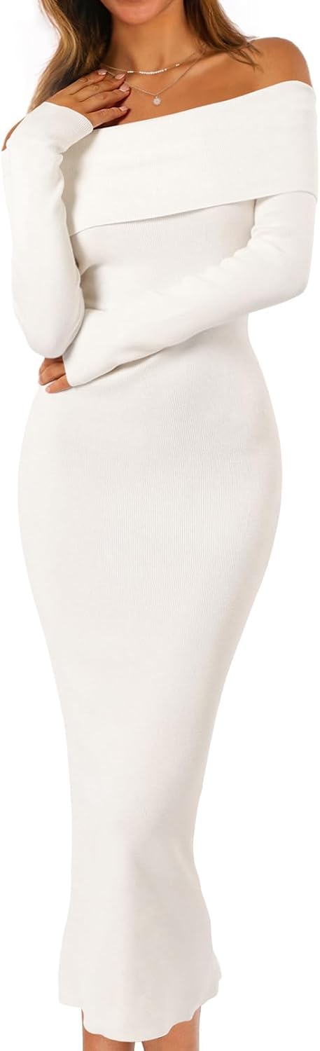 MEROKEETY Women's Fall Off Shoulder Long Sleeve Bodycon Midi Sweater Dress | 2026, Winter, Formal, Engagement, Sexy, Date Night, Baby Shower, Maternity, Bridal Shower, Wedding, Holiday Party Dresses