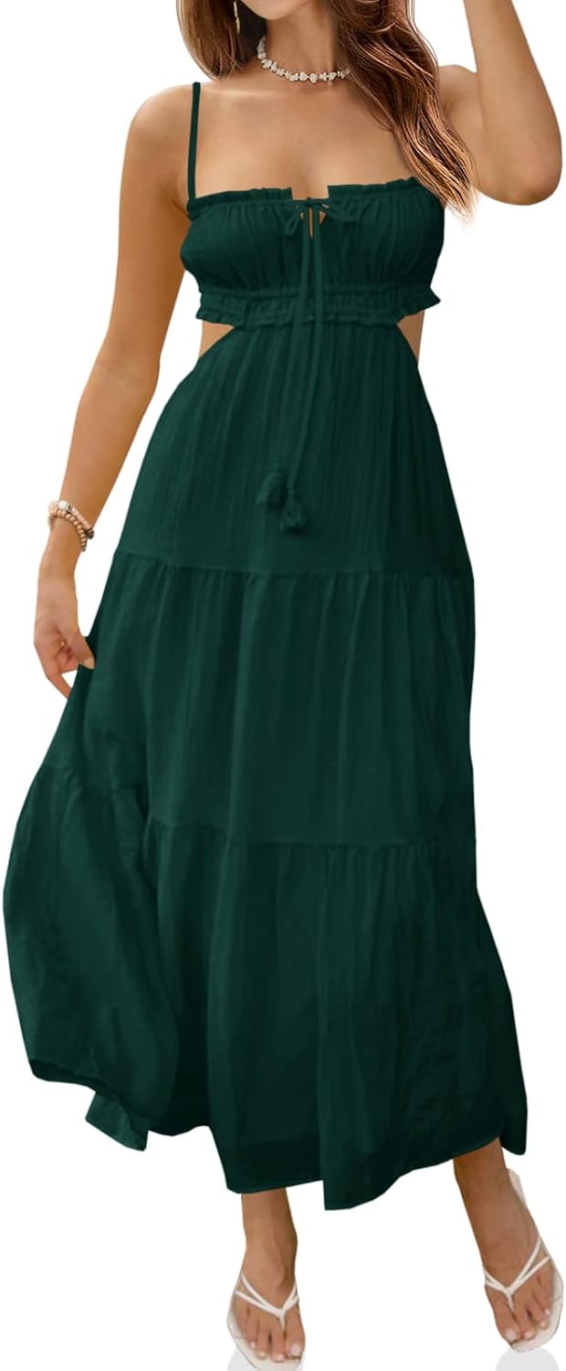 Fisoew Women's Spaghetti Strap Maxi Dress Summer Backless Cut Out Dresses | Flowy Long Dress,Adjustable Straps,Sexy Look,Sundresses,Casual,Vacation,Beach,Picnic,Date,Travel,Cruise,Breathable Fabric