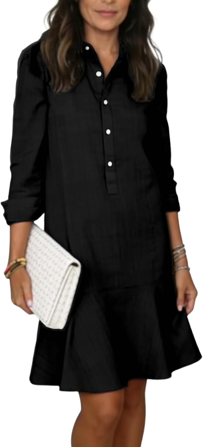 QXE Women's Linen Midi Dresses 2026 Summer Casual Button Down Shirt Dress | Casual, Black Color, Cotton Linen Dresses, Beach Vacation Clothes, Long Sleeve, Knee Length Dress, Summer Dresses for Women