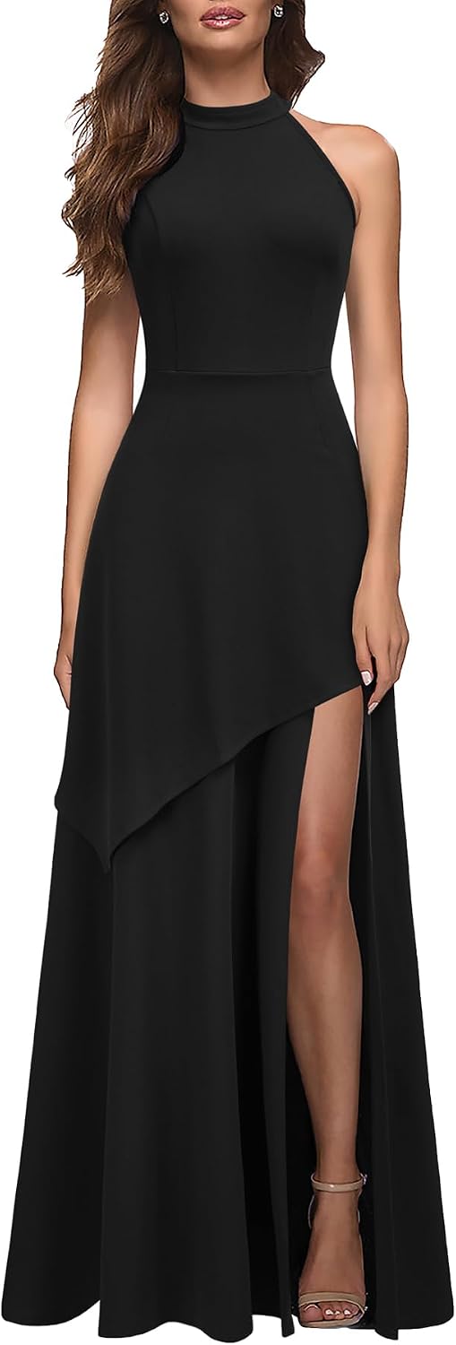 MUSHARE Women's Halter Neck Formal Dress Sexy Split Party Long Cocktail Dresses