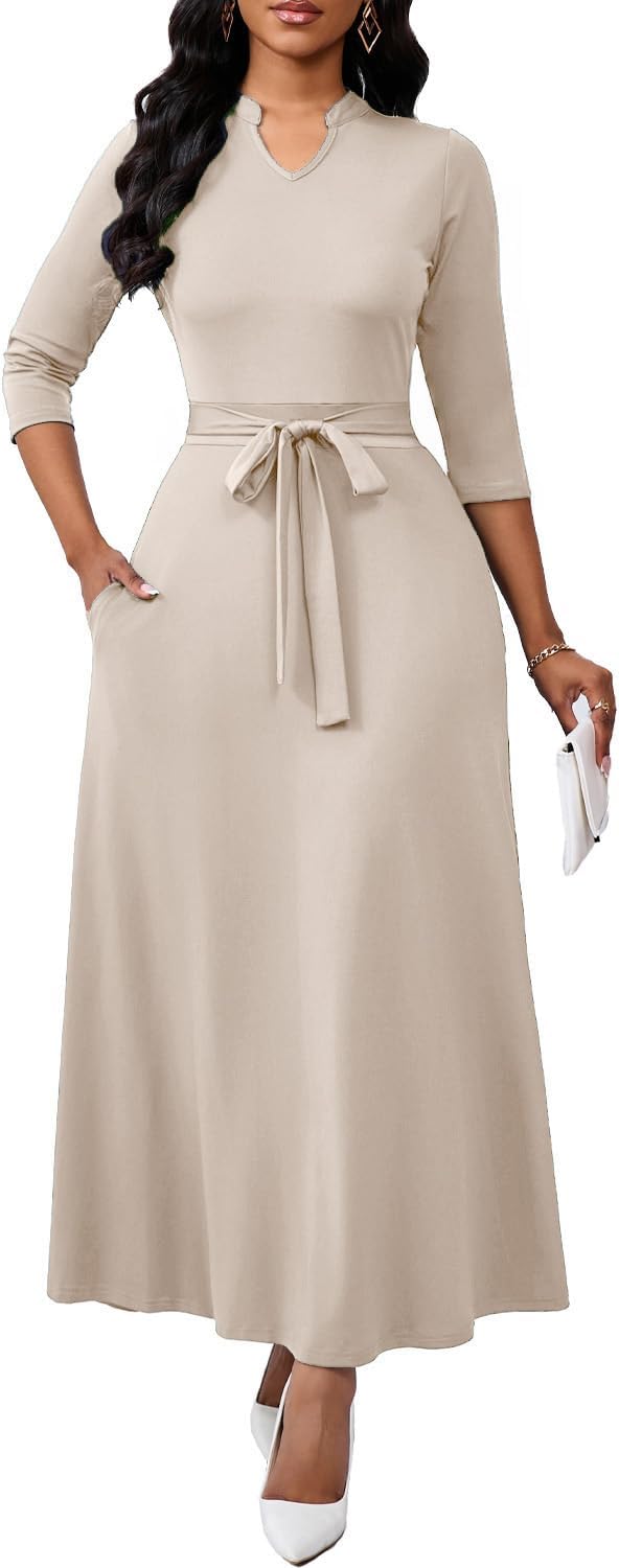 BubFee Maxi Dresses for Women Semi Formal Long Dress 3\/4 Sleeve Casual A-line Church Dresses with Pockets