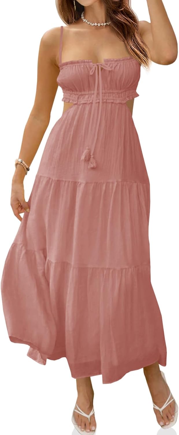 Fisoew Women's Spaghetti Strap Maxi Dress Summer Backless Cut Out Dresses | Flowy Long Dress,Adjustable Straps,Sexy Look,Sundresses,Casual,Vacation,Beach,Picnic,Date,Travel,Cruise,Breathable Fabric