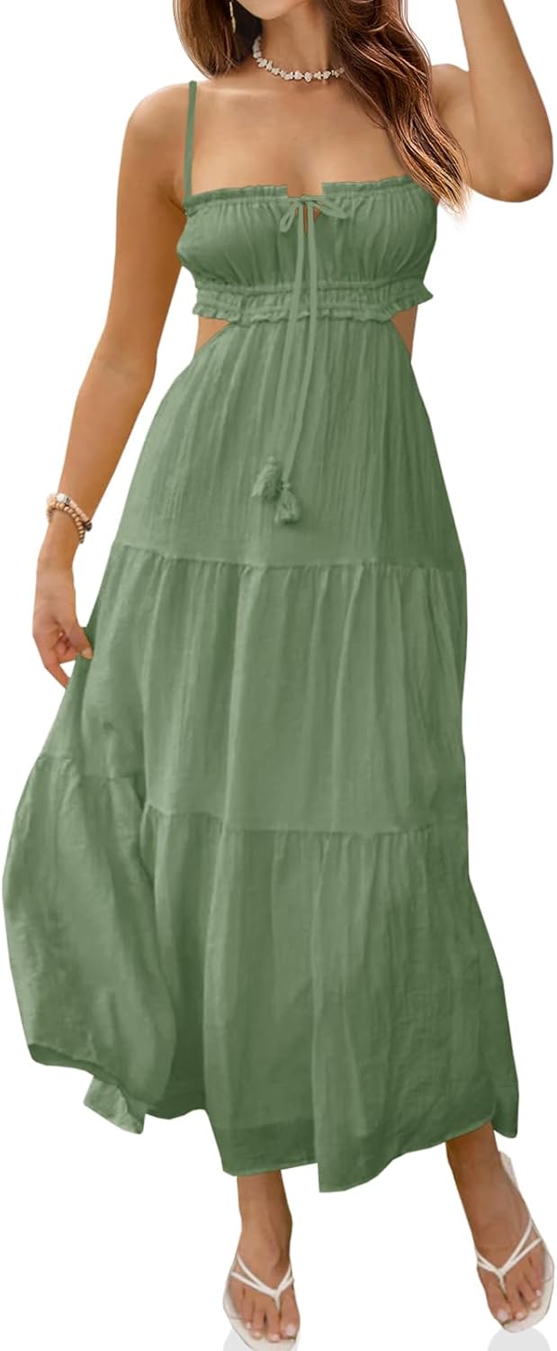 Fisoew Women's Spaghetti Strap Maxi Dress Summer Backless Cut Out Dresses | Flowy Long Dress,Adjustable Straps,Sexy Look,Sundresses,Casual,Vacation,Beach,Picnic,Date,Travel,Cruise,Breathable Fabric