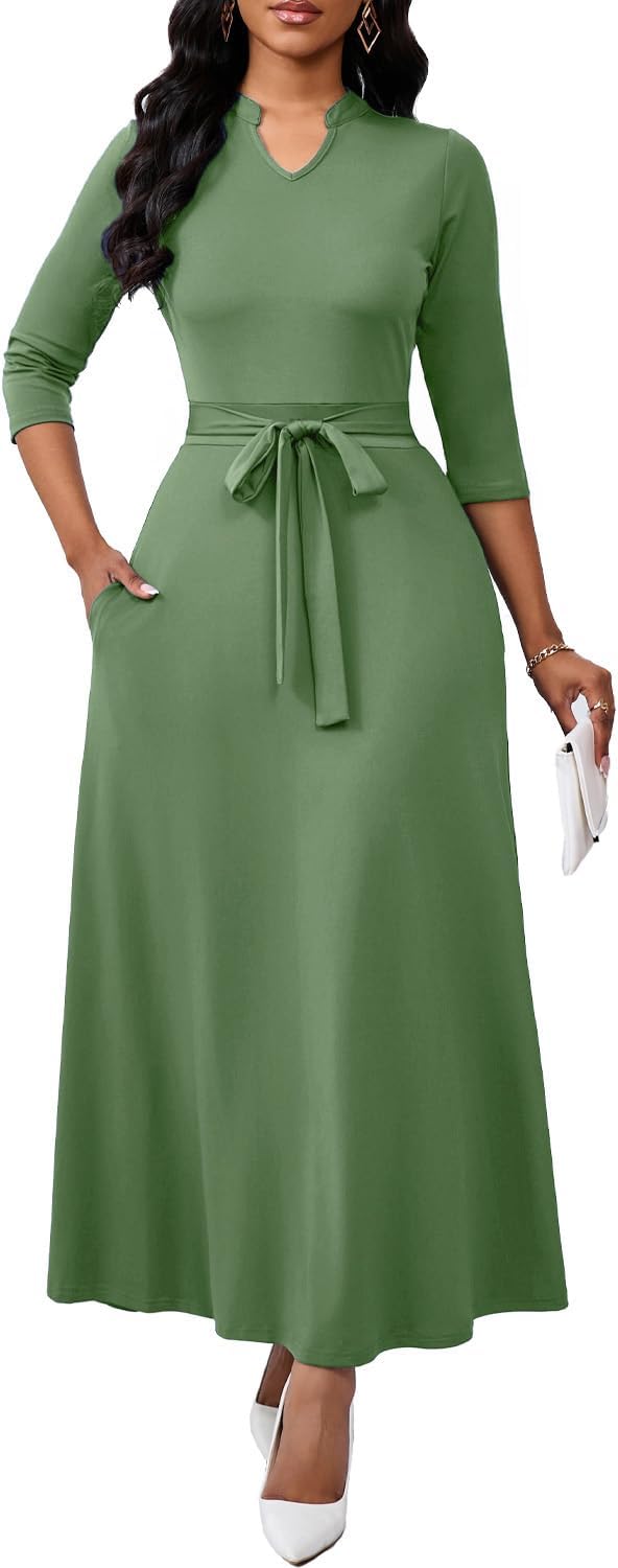 BubFee Maxi Dresses for Women Semi Formal Long Dress 3\/4 Sleeve Casual A-line Church Dresses with Pockets