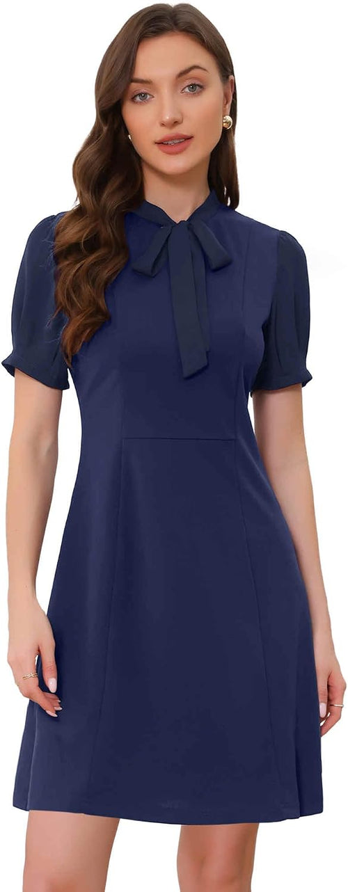 Allegra K Work Dresses for Women's Tie Neck Puff Short Sleeve Dress | Elegant Business Office Dress