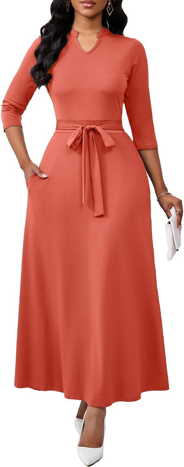 BubFee Maxi Dresses for Women Semi Formal Long Dress 3\/4 Sleeve Casual A-line Church Dresses with Pockets