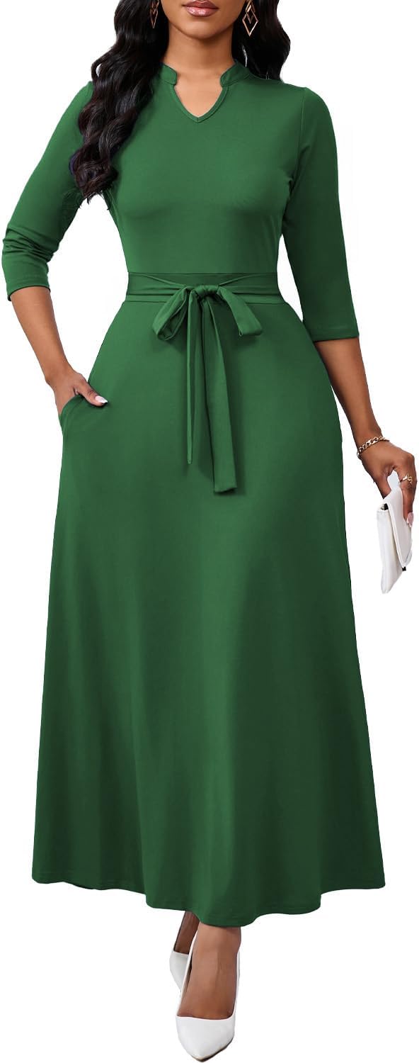 BubFee Maxi Dresses for Women Semi Formal Long Dress 3\/4 Sleeve Casual A-line Church Dresses with Pockets