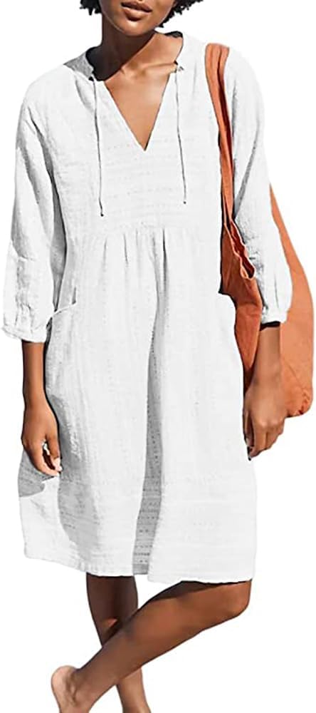 Lafural Womens V Neck Cotton Casual Loose Shift Tunic Smock Summer Dresses Vacation Dress 3\/4 Sleeve Pocket