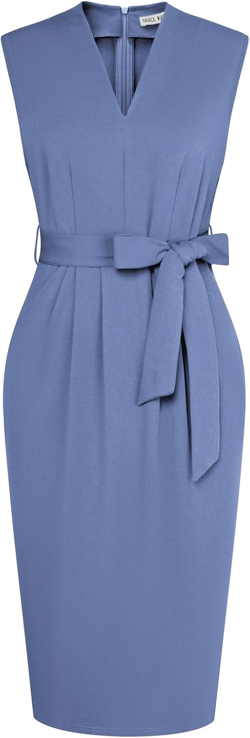 GRACE KARIN Women's Bodycon Knee Length Sleeveless Dress with Pockets | Ruched Waist with Removable Belt, Side Pockets, V-neck Sheath with Back Zipper, Ideal for Funeral, Office, Formal & Church