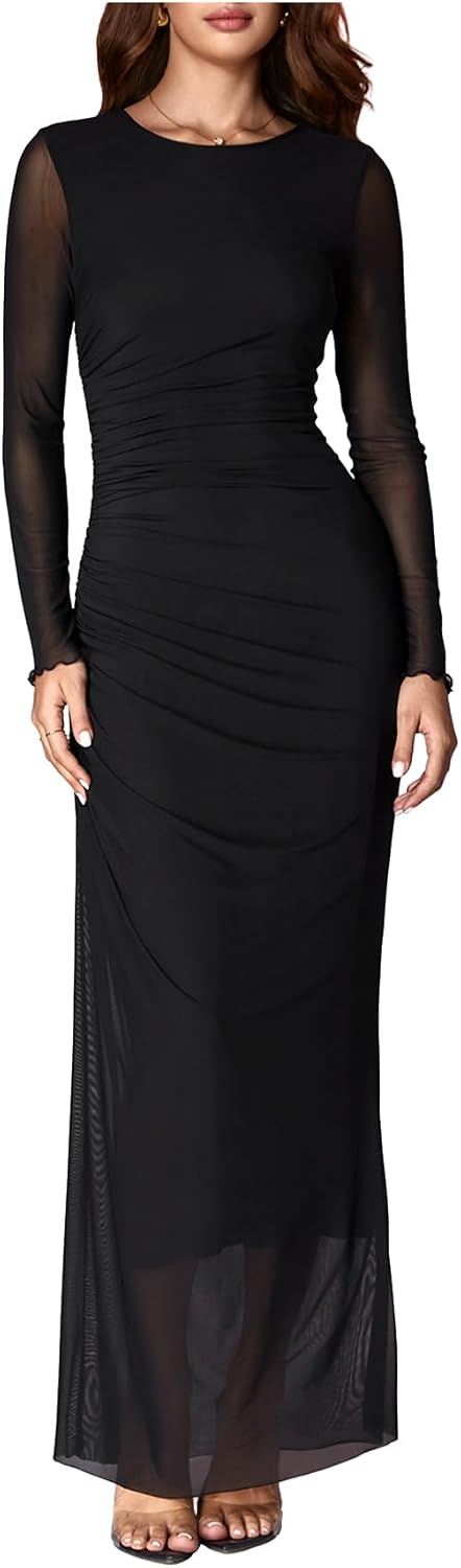 BEAUDRM Women's Fall Wedding Guest Dress Long Sleeve Cocktail Date Night Sexy Y2K Bodycon Ruched Mesh Formal Maxi Dresses