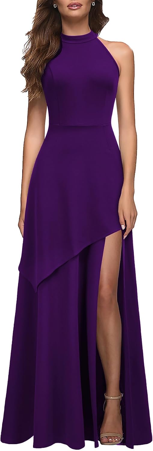MUSHARE Women's Halter Neck Formal Dress Sexy Split Party Long Cocktail Dresses