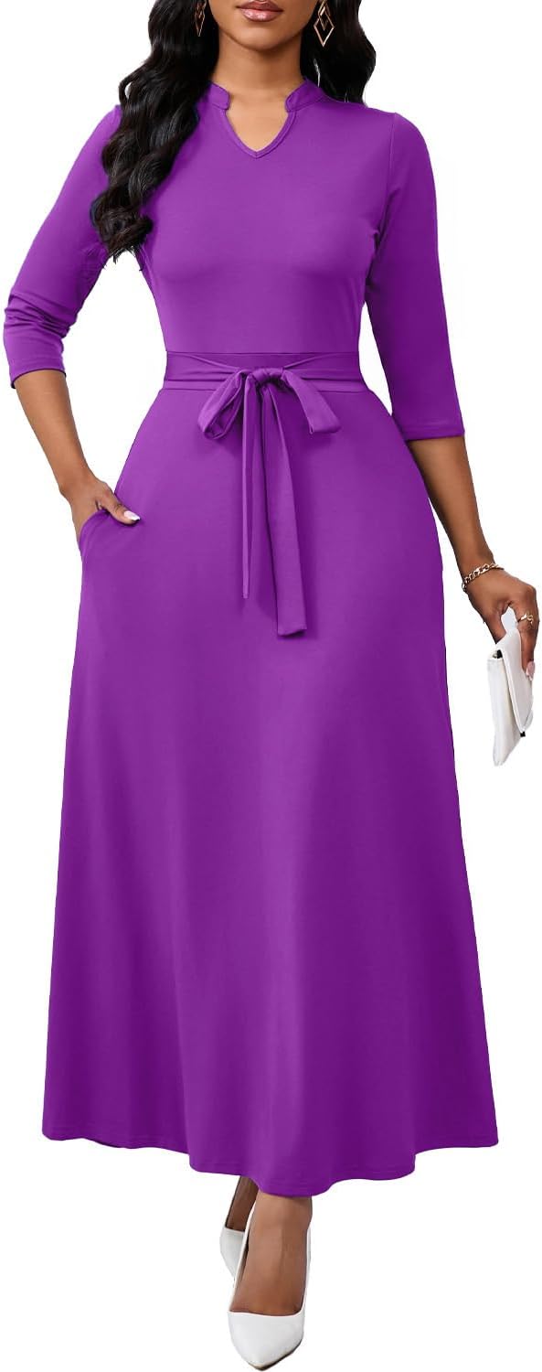 BubFee Maxi Dresses for Women Semi Formal Long Dress 3\/4 Sleeve Casual A-line Church Dresses with Pockets
