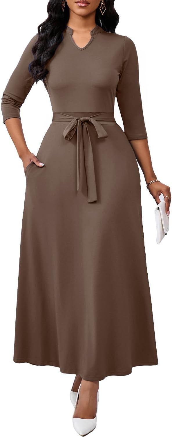 BubFee Maxi Dresses for Women Semi Formal Long Dress 3\/4 Sleeve Casual A-line Church Dresses with Pockets