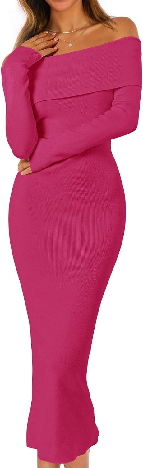 MEROKEETY Women's Fall Off Shoulder Long Sleeve Bodycon Midi Sweater Dress | 2026, Winter, Formal, Engagement, Sexy, Date Night, Baby Shower, Maternity, Bridal Shower, Wedding, Holiday Party Dresses