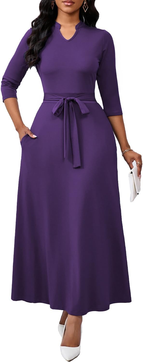 BubFee Maxi Dresses for Women Semi Formal Long Dress 3\/4 Sleeve Casual A-line Church Dresses with Pockets