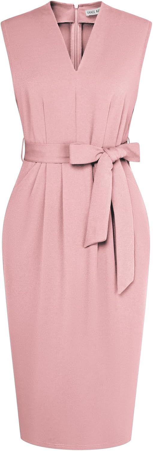 GRACE KARIN Women's Bodycon Knee Length Sleeveless Dress with Pockets | Ruched Waist with Removable Belt, Side Pockets, V-neck Sheath with Back Zipper, Ideal for Funeral, Office, Formal & Church