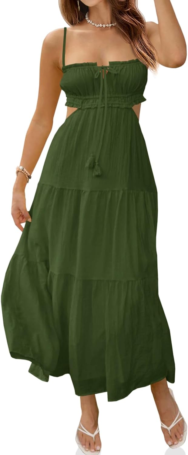 Fisoew Women's Spaghetti Strap Maxi Dress Summer Backless Cut Out Dresses | Flowy Long Dress,Adjustable Straps,Sexy Look,Sundresses,Casual,Vacation,Beach,Picnic,Date,Travel,Cruise,Breathable Fabric