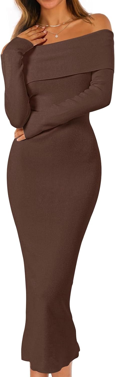 MEROKEETY Women's Fall Off Shoulder Long Sleeve Bodycon Midi Sweater Dress | 2026, Winter, Formal, Engagement, Sexy, Date Night, Baby Shower, Maternity, Bridal Shower, Wedding, Holiday Party Dresses