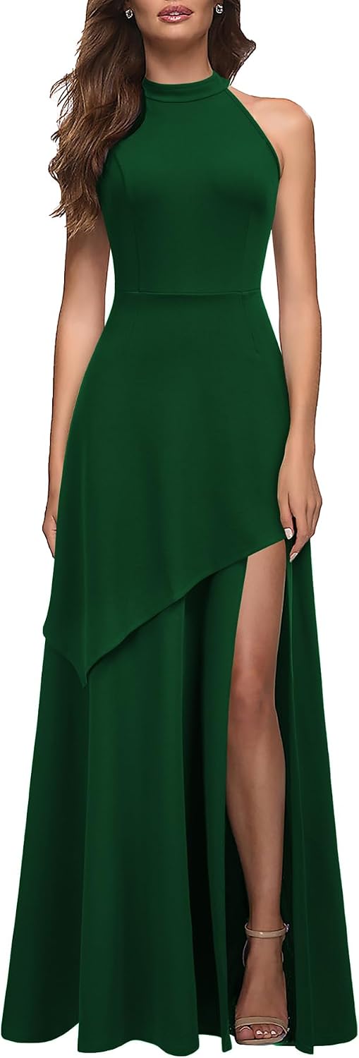 MUSHARE Women's Halter Neck Formal Dress Sexy Split Party Long Cocktail Dresses