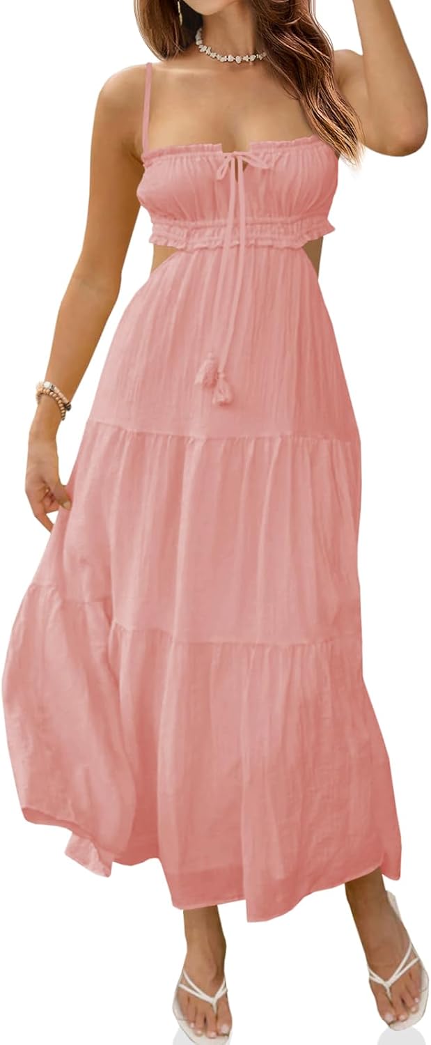 Fisoew Women's Spaghetti Strap Maxi Dress Summer Backless Cut Out Dresses | Flowy Long Dress,Adjustable Straps,Sexy Look,Sundresses,Casual,Vacation,Beach,Picnic,Date,Travel,Cruise,Breathable Fabric