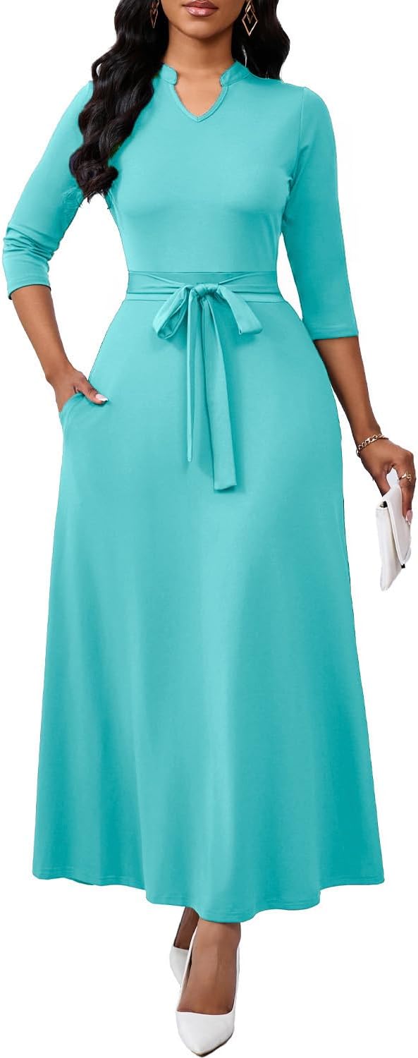 BubFee Maxi Dresses for Women Semi Formal Long Dress 3\/4 Sleeve Casual A-line Church Dresses with Pockets