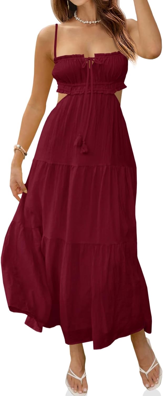 Fisoew Women's Spaghetti Strap Maxi Dress Summer Backless Cut Out Dresses | Flowy Long Dress,Adjustable Straps,Sexy Look,Sundresses,Casual,Vacation,Beach,Picnic,Date,Travel,Cruise,Breathable Fabric