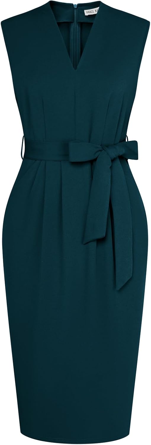GRACE KARIN Women's Bodycon Knee Length Sleeveless Dress with Pockets | Ruched Waist with Removable Belt, Side Pockets, V-neck Sheath with Back Zipper, Ideal for Funeral, Office, Formal & Church
