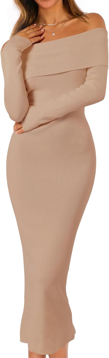 MEROKEETY Women's Fall Off Shoulder Long Sleeve Bodycon Midi Sweater Dress | 2026, Winter, Formal, Engagement, Sexy, Date Night, Baby Shower, Maternity, Bridal Shower, Wedding, Holiday Party Dresses