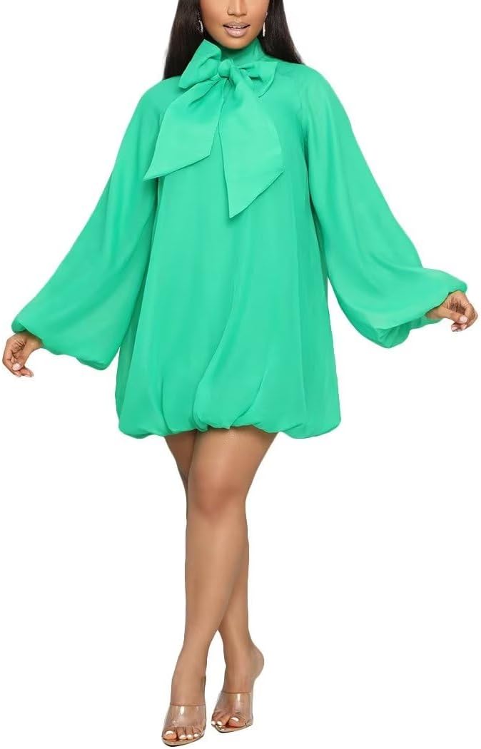 Yanfoam Women's Puff Sleeve Loose Chiffon for Cocktail Mini Dress | Sweetheart Round Neck,Puff Long Sleeve,Mini Dress,Bow Decoration,A-line,Flowy Loose Chiffon for Cocktail Party