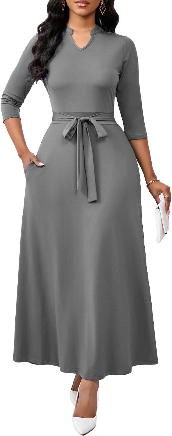 BubFee Maxi Dresses for Women Semi Formal Long Dress 3\/4 Sleeve Casual A-line Church Dresses with Pockets