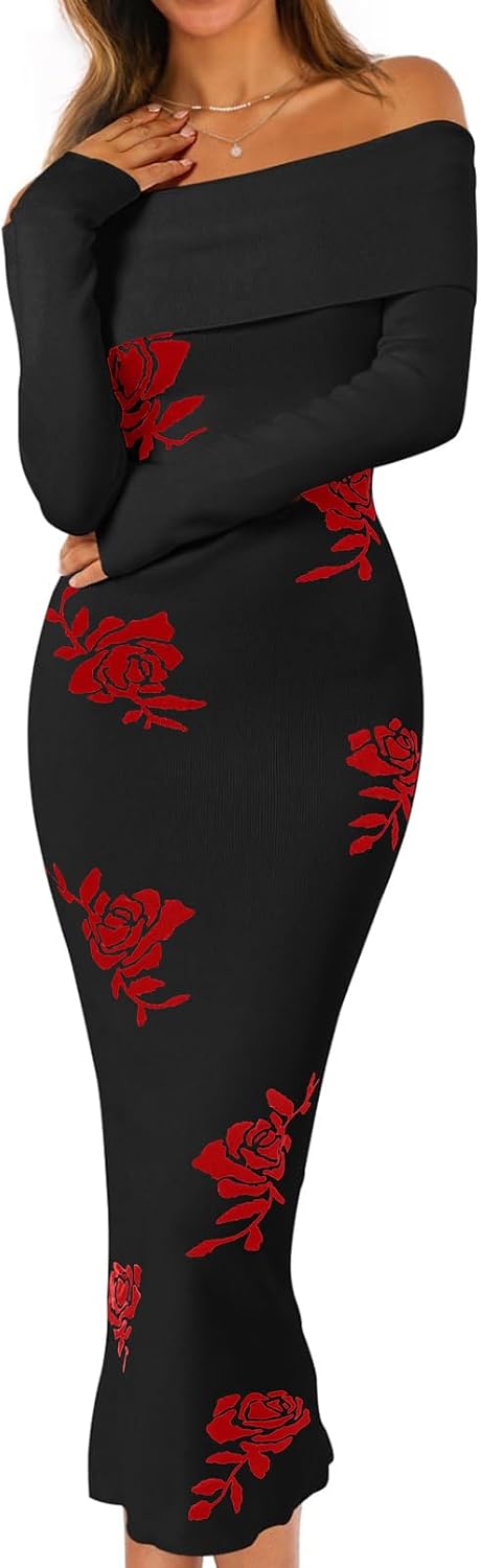 MEROKEETY Women's Fall Off Shoulder Long Sleeve Bodycon Midi Sweater Dress | 2026, Winter, Formal, Engagement, Sexy, Date Night, Baby Shower, Maternity, Bridal Shower, Wedding, Holiday Party Dresses