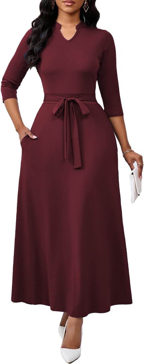 BubFee Maxi Dresses for Women Semi Formal Long Dress 3\/4 Sleeve Casual A-line Church Dresses with Pockets