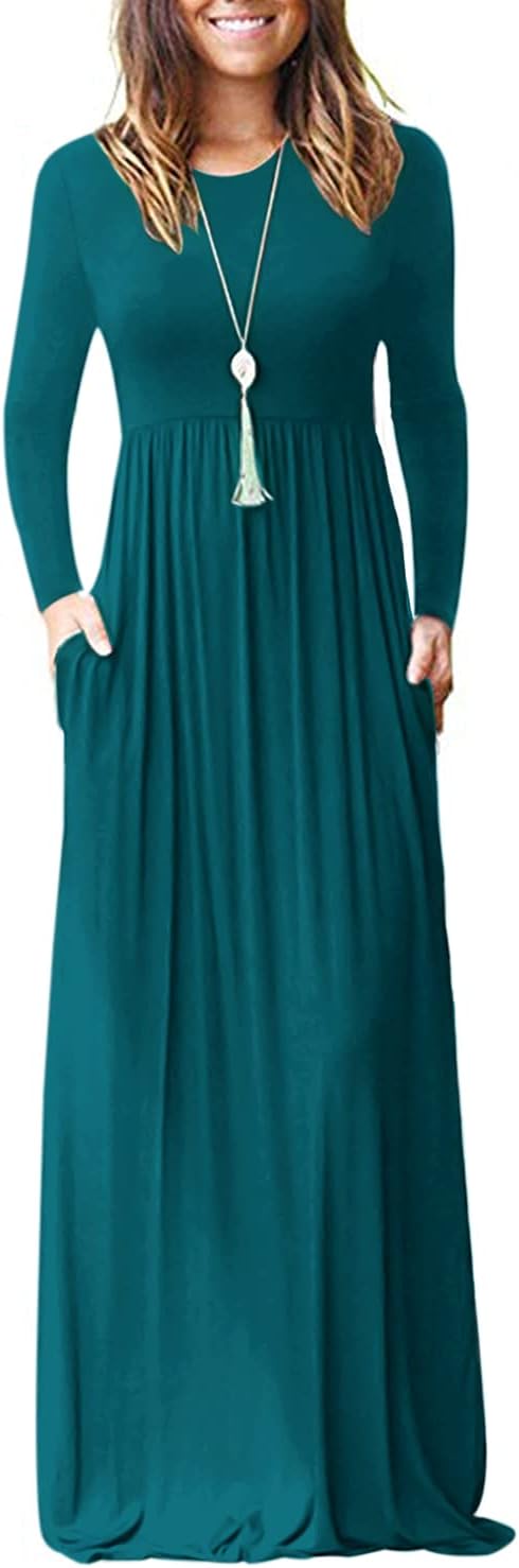 AUSELILY Womens Long Sleeve Maxi Dress Casual Empire Waist with Pockets | Versatile year round long dress for spring, fall, winter, available in floral prints and solids