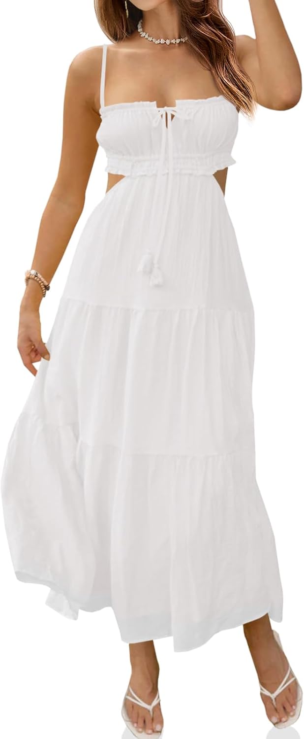 Fisoew Women's Spaghetti Strap Maxi Dress Summer Backless Cut Out Dresses | Flowy Long Dress,Adjustable Straps,Sexy Look,Sundresses,Casual,Vacation,Beach,Picnic,Date,Travel,Cruise,Breathable Fabric