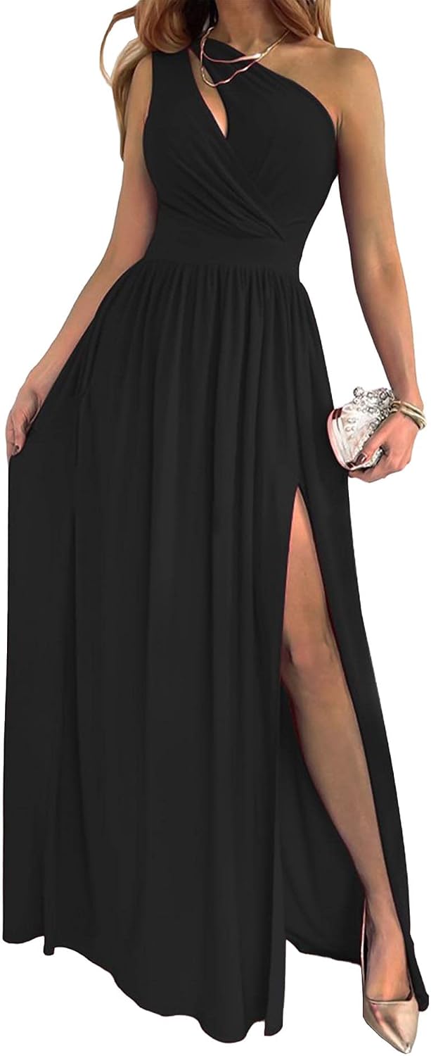 ECDAHICC Women's Sexy One Shoulder Cutout Pleated Maxi Dress Sleeveless High Slit Formal Evening Party Bridesmaid Dresses