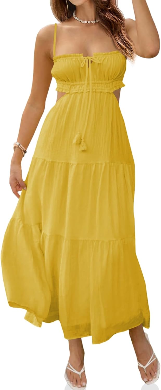 Fisoew Women's Spaghetti Strap Maxi Dress Summer Backless Cut Out Dresses | Flowy Long Dress,Adjustable Straps,Sexy Look,Sundresses,Casual,Vacation,Beach,Picnic,Date,Travel,Cruise,Breathable Fabric
