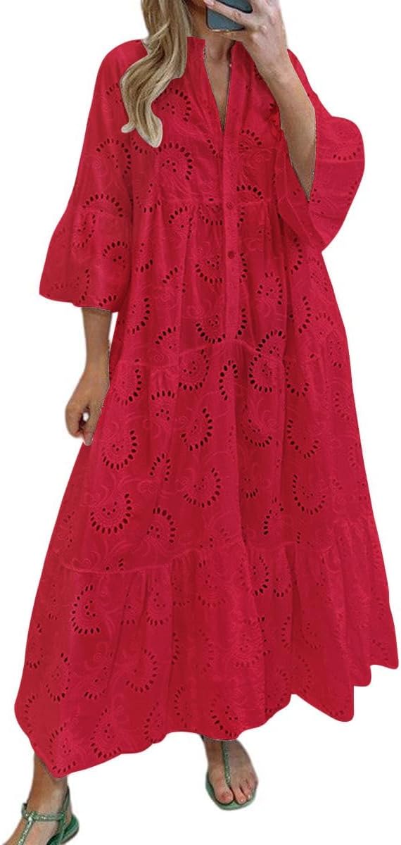 chouyatou Women's 2026 Lace Eyelet Embroidery Maxi Dress V-Neck Trumpet Sleeve Boho Flowy Swing Dress