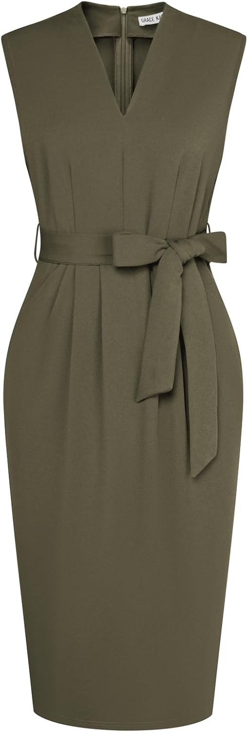 GRACE KARIN Women's Bodycon Knee Length Sleeveless Dress with Pockets | Ruched Waist with Removable Belt, Side Pockets, V-neck Sheath with Back Zipper, Ideal for Funeral, Office, Formal & Church
