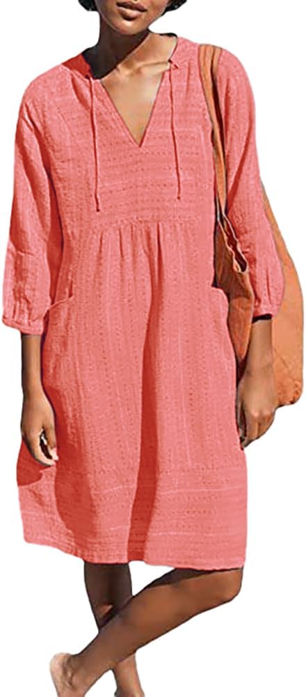 Lafural Womens V Neck Cotton Casual Loose Shift Tunic Smock Summer Dresses Vacation Dress 3\/4 Sleeve Pocket