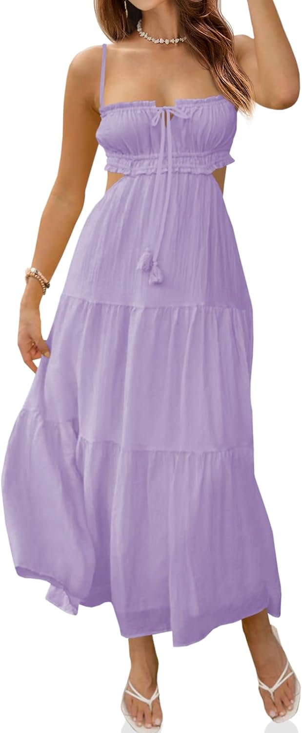 Fisoew Women's Spaghetti Strap Maxi Dress Summer Backless Cut Out Dresses | Flowy Long Dress,Adjustable Straps,Sexy Look,Sundresses,Casual,Vacation,Beach,Picnic,Date,Travel,Cruise,Breathable Fabric