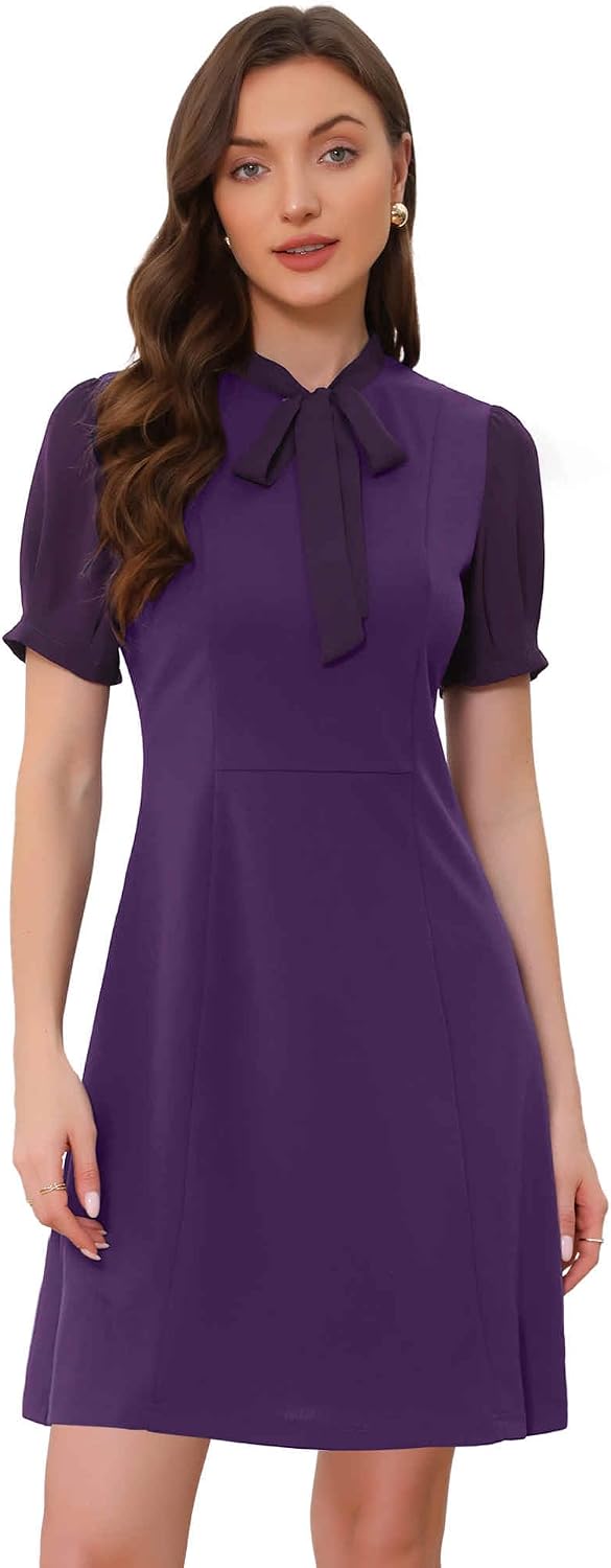 Allegra K Work Dresses for Women's Tie Neck Puff Short Sleeve Dress | Elegant Business Office Dress