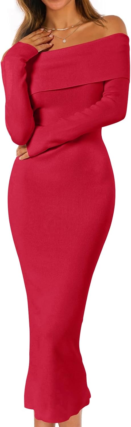 MEROKEETY Women's Fall Off Shoulder Long Sleeve Bodycon Midi Sweater Dress | 2026, Winter, Formal, Engagement, Sexy, Date Night, Baby Shower, Maternity, Bridal Shower, Wedding, Holiday Party Dresses