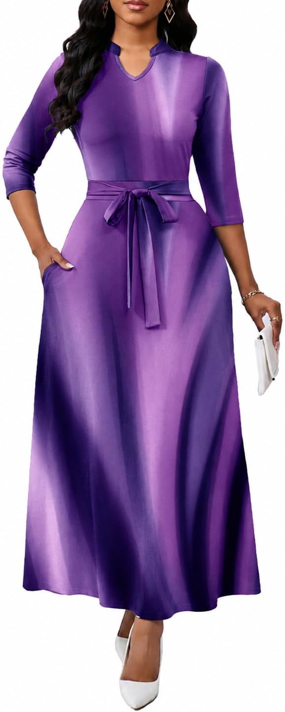 BubFee Maxi Dresses for Women Semi Formal Long Dress 3\/4 Sleeve Casual A-line Church Dresses with Pockets