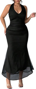 BEAUDRM Women's Y2k Plus Size Ruffle Halter Maxi Dress Mesh V Neck Cocktail Bodycon Party Wedding Guest Prom Long Dresses