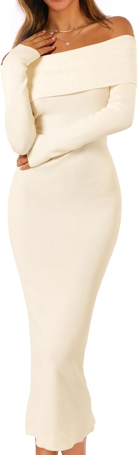 MEROKEETY Women's Fall Off Shoulder Long Sleeve Bodycon Midi Sweater Dress | 2026, Winter, Formal, Engagement, Sexy, Date Night, Baby Shower, Maternity, Bridal Shower, Wedding, Holiday Party Dresses