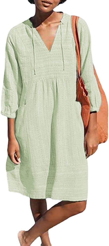 Lafural Womens V Neck Cotton Casual Loose Shift Tunic Smock Summer Dresses Vacation Dress 3\/4 Sleeve Pocket