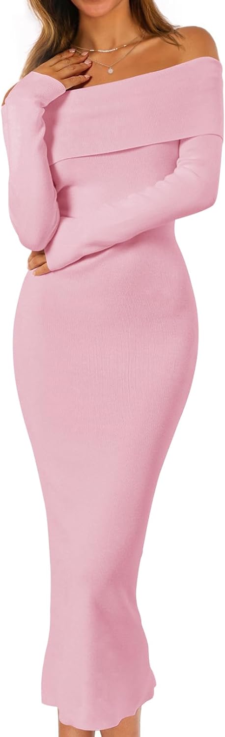 MEROKEETY Women's Fall Off Shoulder Long Sleeve Bodycon Midi Sweater Dress | 2026, Winter, Formal, Engagement, Sexy, Date Night, Baby Shower, Maternity, Bridal Shower, Wedding, Holiday Party Dresses