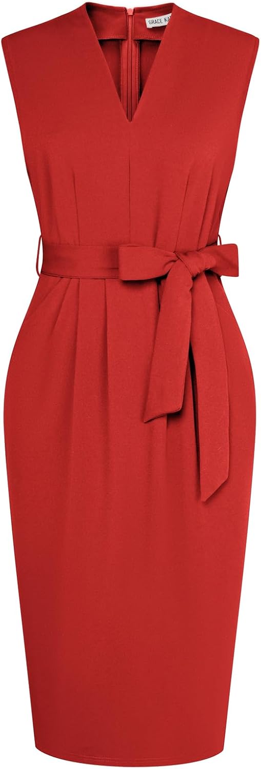 GRACE KARIN Women's Bodycon Knee Length Sleeveless Dress with Pockets | Ruched Waist with Removable Belt, Side Pockets, V-neck Sheath with Back Zipper, Ideal for Funeral, Office, Formal & Church