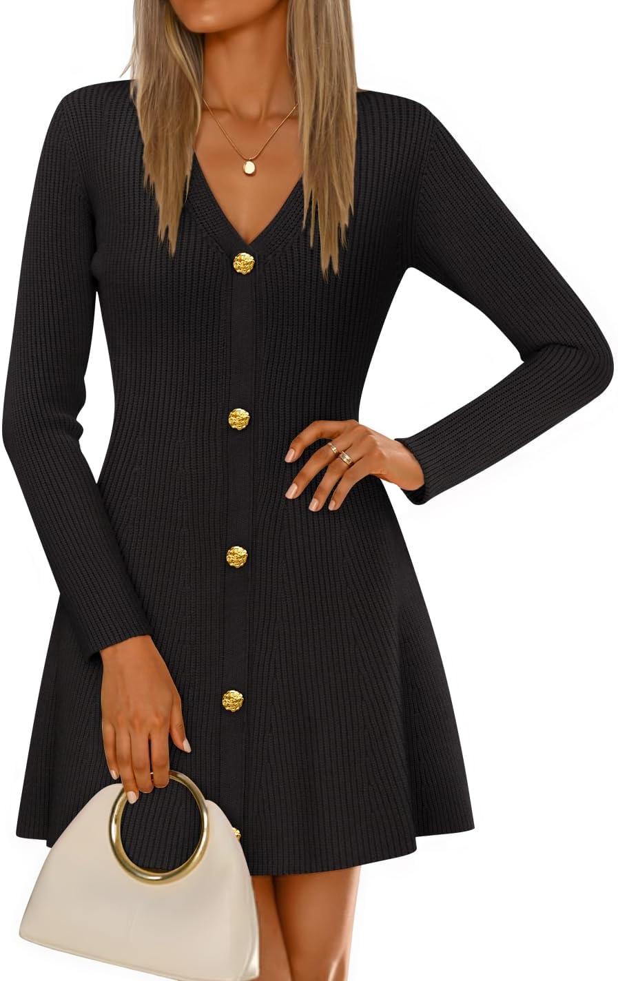 ZESICA Women's Fall Winter Long Sleeve V Neck Sweater Mini Dress | A Line Swing, Soft Ribbed Knit, Deco Button, Cocktail Party Short Dresses, Casual, Work, Office Outfits, Elegant Classy